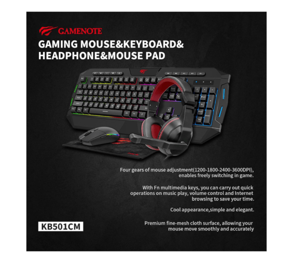 Havit 4in1 RGB Lighting Mouse, Led Backlit 114-key Multimedia Gaming Keyboard, 3.5mm Headset , Fine Mesh Cloth Mouse Pad Combo Set - Image 3