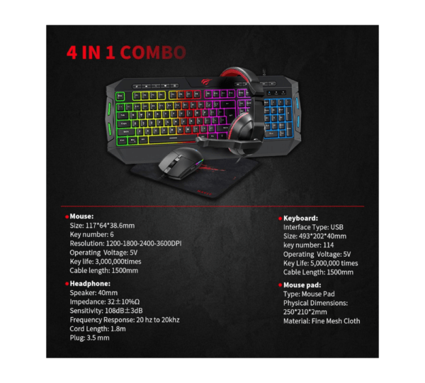 Havit 4in1 RGB Lighting Mouse, Led Backlit 114-key Multimedia Gaming Keyboard, 3.5mm Headset , Fine Mesh Cloth Mouse Pad Combo Set - Image 4